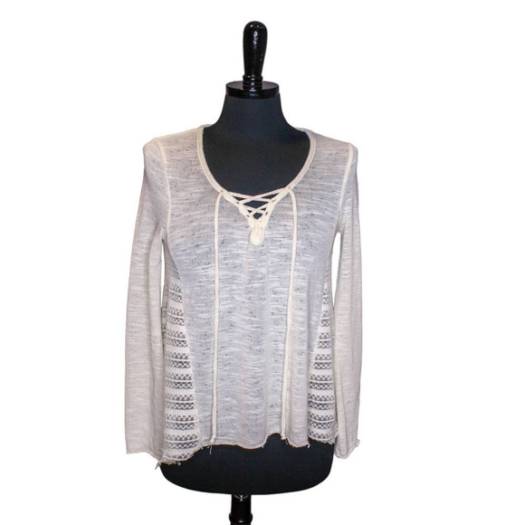 Almost Famous Peasant Top Lace Front Detail Lightweight Sheer Cream White M - Picture 1 of 3
